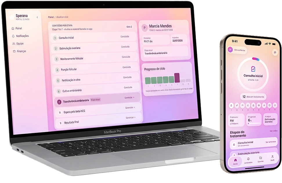 Portal clínico do Sperana em um MacBook e o app da paciente em um iPhone